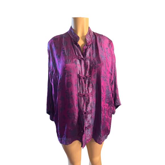 Women One Size Endless Knot Art 100% Silk Purple Asian Print Shirt Jacket Top - Picture 2 of 6